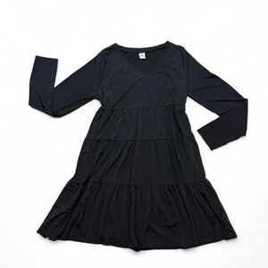 Black babydoll swing dress long sleeve tiered V neck flowy lagenstyle dress